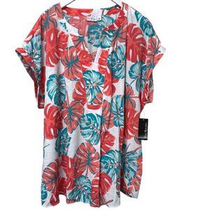 Kim Rogers Top Plus Size 2X Tropical Leaf Coral Turquoise Short Sleeve Tunic